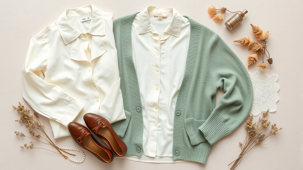 Flat lay of cottagecore essentials: cream cotton blouses, sage green cardigan, vintage leather shoes, lace handkerchief, pearl jewelry, dried flowers, soft neutral background, natural textures, handmade details visible