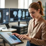 Professional fashion designer working on digital tablet with 3D design software, modern studio setting with monitors displaying virtual garment prototypes, natural lighting, focused expression, contemporary workspace environment