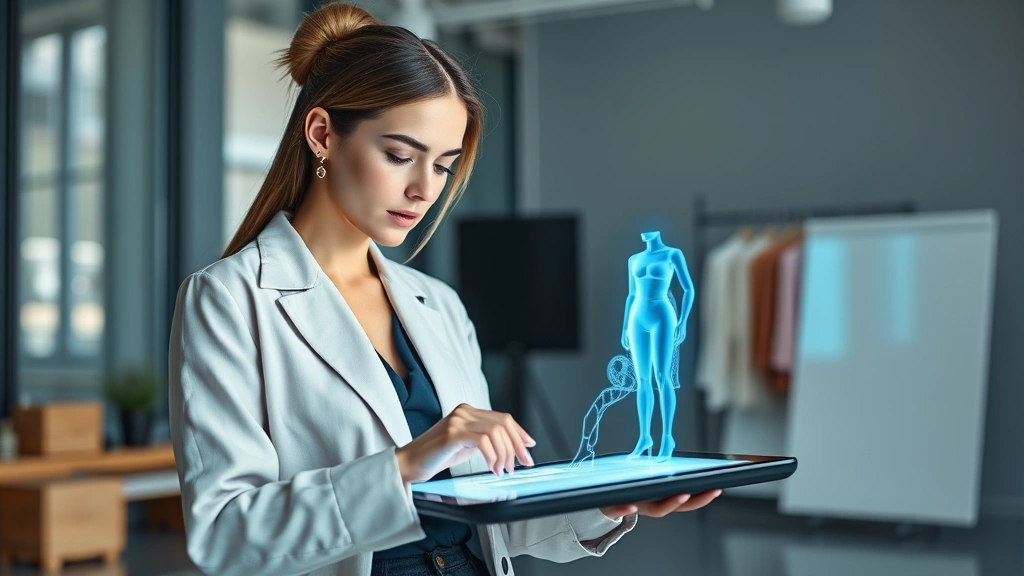 Female fashion designer working on 3D virtual garment design on tablet with holographic projection in modern studio, wearing stylish minimalist clothing, focused expression, natural daylight