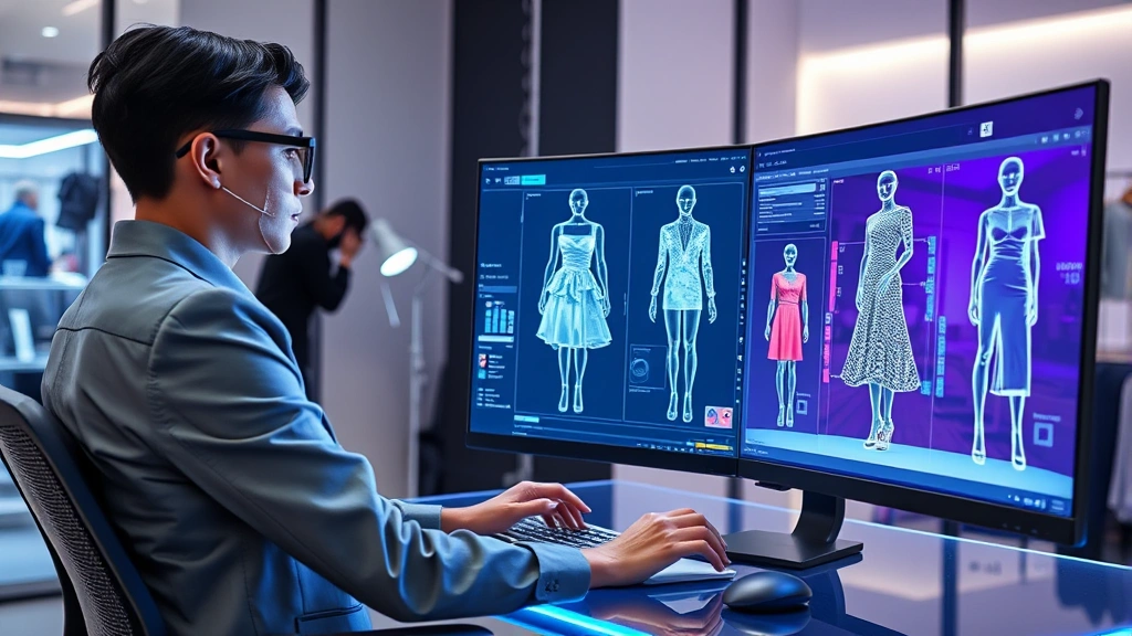 Fashion designer working on 3D digital garment prototype on high-tech computer display, wearing professional attire in modern studio, holographic fashion design interface visible