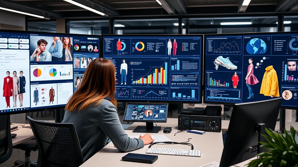 Fashion tech professional analyzing data visualization dashboards on multiple screens, modern office environment with fashion mood boards, analytics charts showing trend forecasting, collaborative workspace aesthetic, professional attire