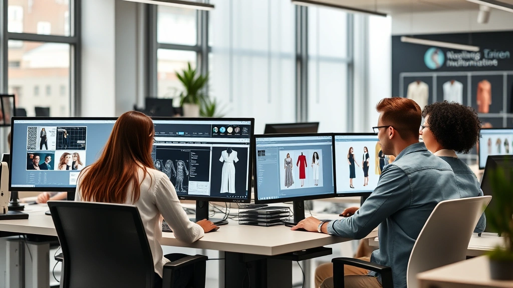Diverse fashion technology professionals collaborating in contemporary office space with multiple monitors showing design software, pattern making tools, and digital samples displayed