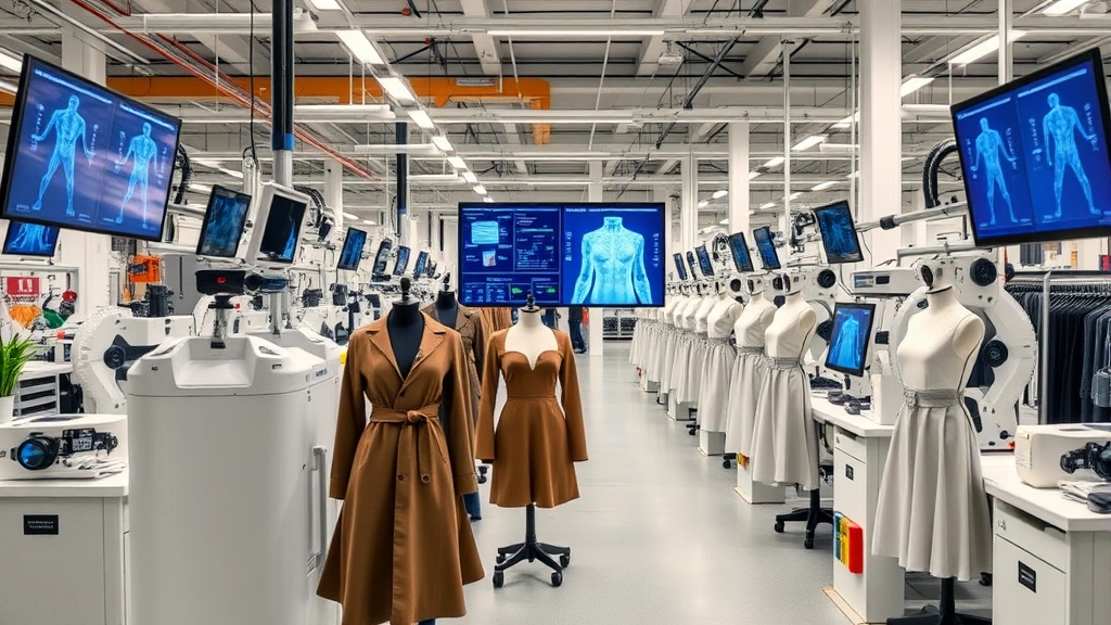 Sustainable fashion manufacturing facility with advanced technology systems, digital production monitoring screens, eco-friendly materials, and smart factory automation integrated throughout workspace