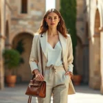 Woman wearing cream linen blazer over white silk camisole, tailored neutral trousers, standing in sunlit Mediterranean courtyard with stone archways, holding structured leather handbag, sophisticated effortless elegance, natural afternoon lighting