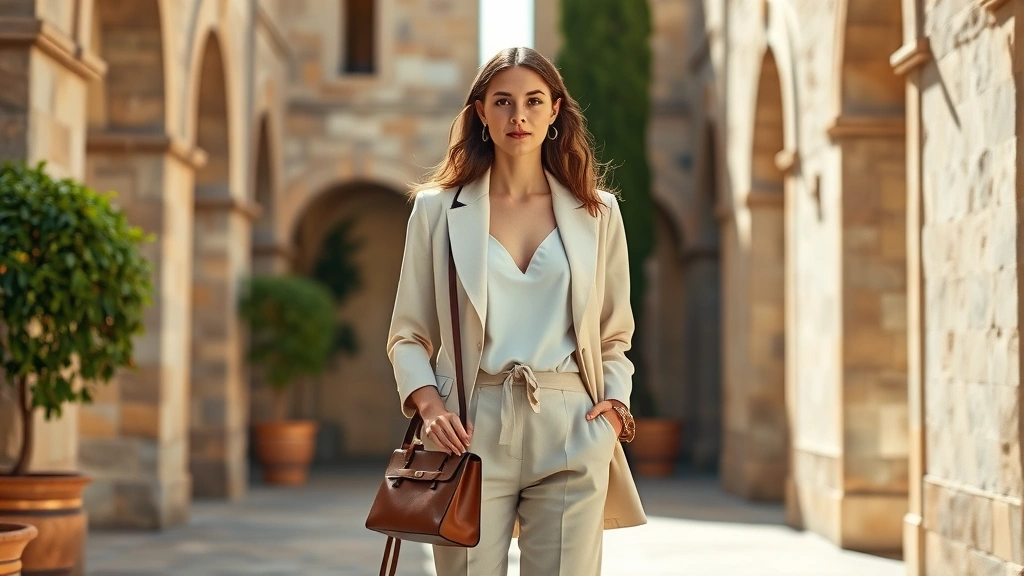 Woman wearing cream linen blazer over white silk camisole, tailored neutral trousers, standing in sunlit Mediterranean courtyard with stone archways, holding structured leather handbag, sophisticated effortless elegance, natural afternoon lighting