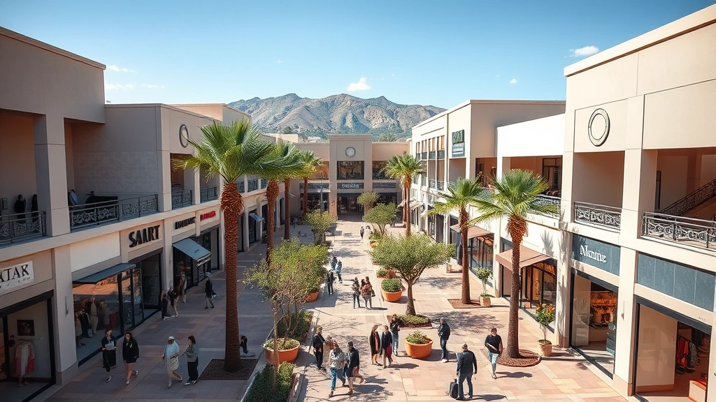 Aerial view of open-air courtyard shopping district with modern architecture, shaded walkways, fashion boutiques, palm trees, and well-dressed shoppers browsing storefronts on a sunny Arizona afternoon