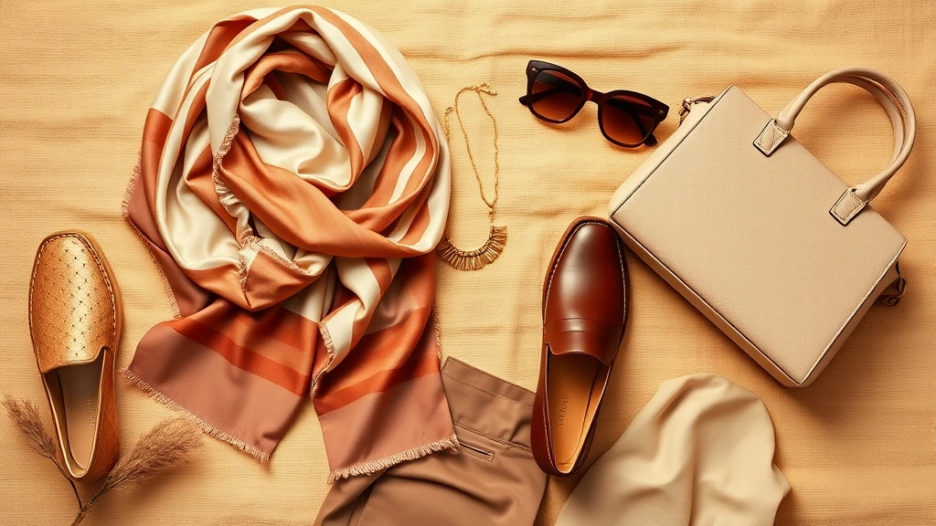 Fashion flat lay of courtyard outfit essentials: quality silk scarf, leather loafers, gold jewelry, sunglasses, structured neutral handbag, displayed on warm linen fabric background, desert-inspired color palette of cream, taupe, rust