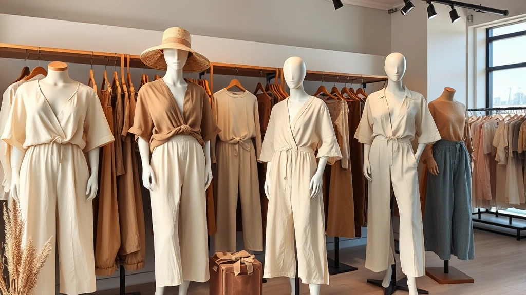 Seasonal fashion display featuring lightweight desert-appropriate clothing with earth tones and flowing fabrics in a modern retail setting, showcasing linen pieces, breathable textiles, and styled mannequins