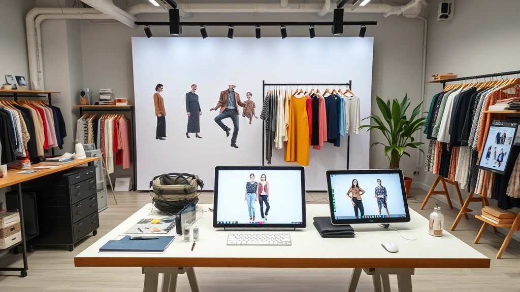 Modern fashion studio workspace featuring design tools, fabric samples, and digital displays showing contemporary clothing designs and sustainable materials in a professional creative environment