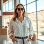 Stylish woman in light linen outfit and oversized sunglasses standing in modern Chandler retail environment with contemporary architecture and bright natural lighting, desert landscape visible through windows