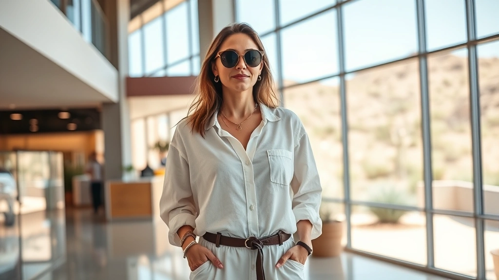 Stylish woman in light linen outfit and oversized sunglasses standing in modern Chandler retail environment with contemporary architecture and bright natural lighting, desert landscape visible through windows