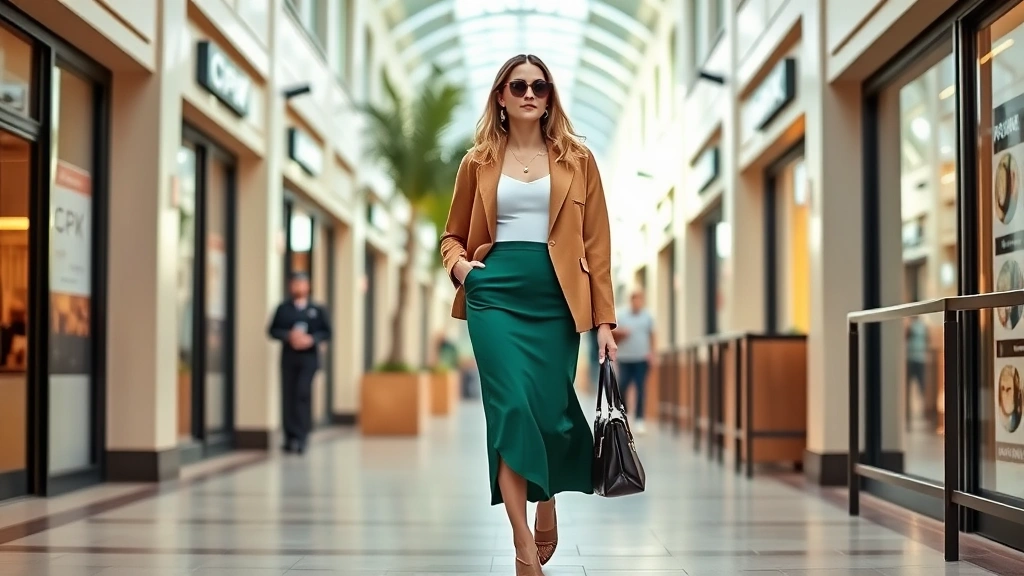 Fashion-forward styling at CPK Fashion Valley: woman wearing oversized camel blazer with fitted emerald green midi skirt, structured handbag, walking through modern retail corridor with natural lighting