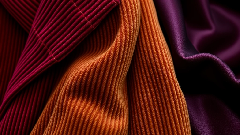 Close-up detail shot of luxury fabric textures: corduroy jacket draped next to velvet fabric and silk material, showing tactile richness and color variations in jewel tones