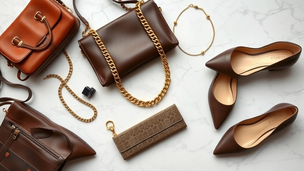 Curated accessory styling scene: vintage leather bags, chunky gold chain necklaces, ballet flats and structured heels arranged artfully on marble surface, showing contemporary luxury aesthetic