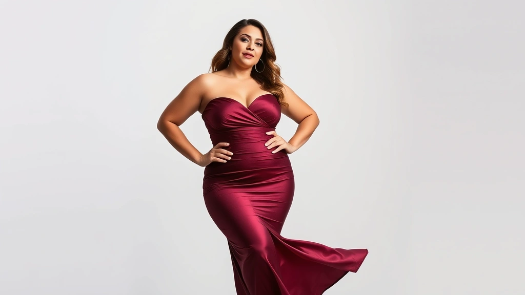 Plus-size model in stunning fit-and-flare midi dress with strategic ruching, posing elegantly, soft studio lighting, celebrating curves with confidence and grace