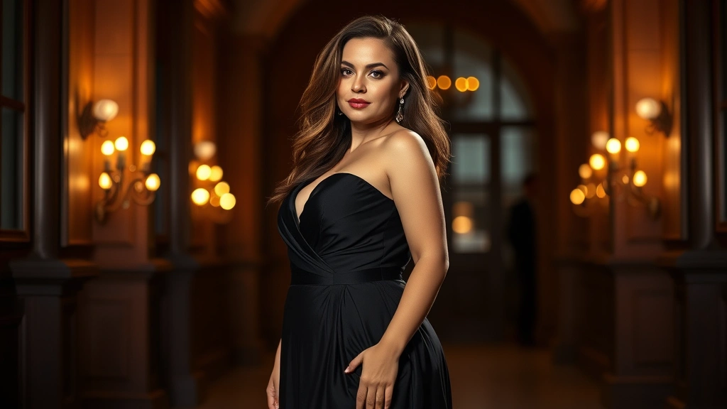 Curvy woman in formal maxi dress with beautiful draping, sophisticated evening look, warm ambient lighting, radiating confidence and elegance