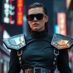 Model wearing all-black cyberpunk outfit with oversized metallic silver shoulder pieces, holographic belt, and geometric sunglasses with dark reflective lenses, standing in urban neon-lit environment