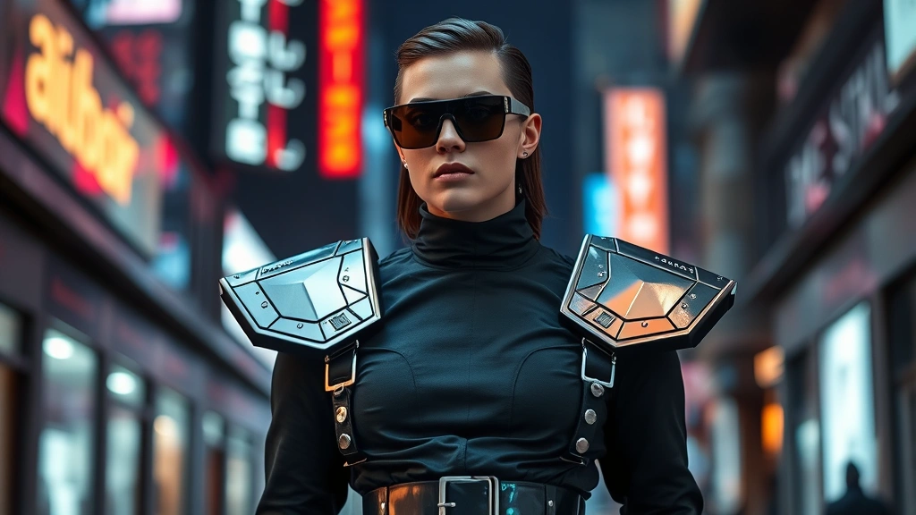 Model wearing all-black cyberpunk outfit with oversized metallic silver shoulder pieces, holographic belt, and geometric sunglasses with dark reflective lenses, standing in urban neon-lit environment