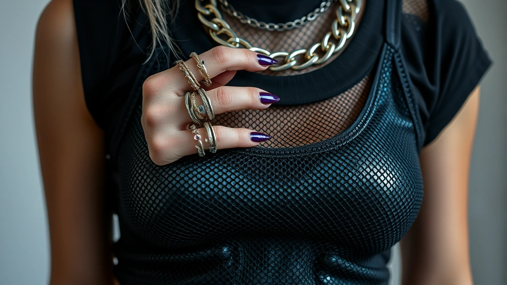 Close-up detail of cyberpunk fashion styling featuring layered mesh tank top over black form-fitting shirt, stacked metallic rings, chunky chain necklace, and holographic fabric elements catching light