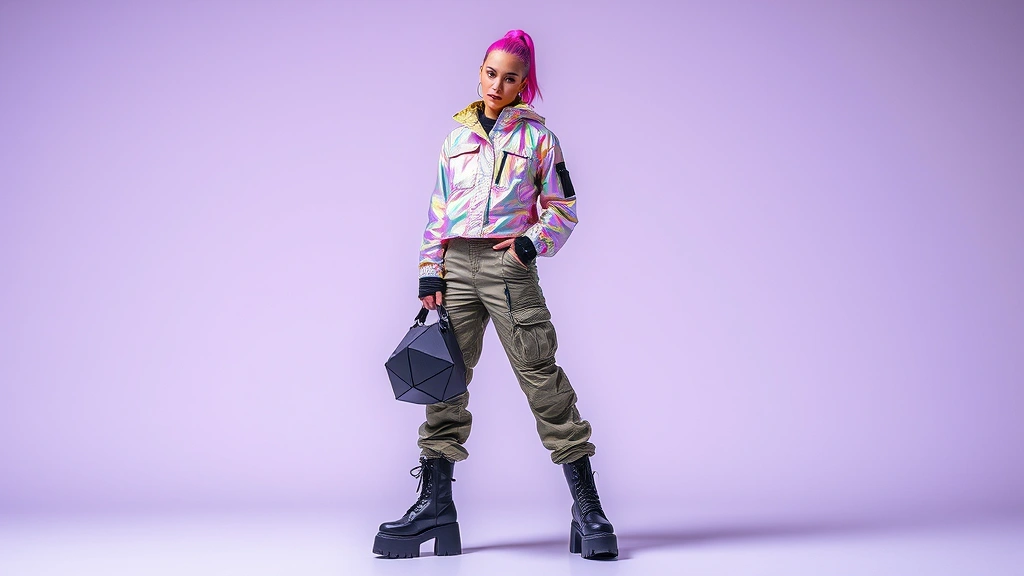 Full-length editorial shot of cyberpunk fashion featuring model in futuristic outfit: iridescent jacket, cargo pants with multiple pockets, platform combat boots with metallic accents, neon pink hair streak, holding geometric angular bag