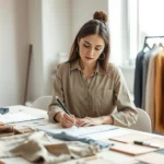 Professional fashion designer at work table with fabric swatches, sketching designs, natural studio lighting, modern minimalist workspace, wearing neutral tones, focused expression, high-end design atelier aesthetic