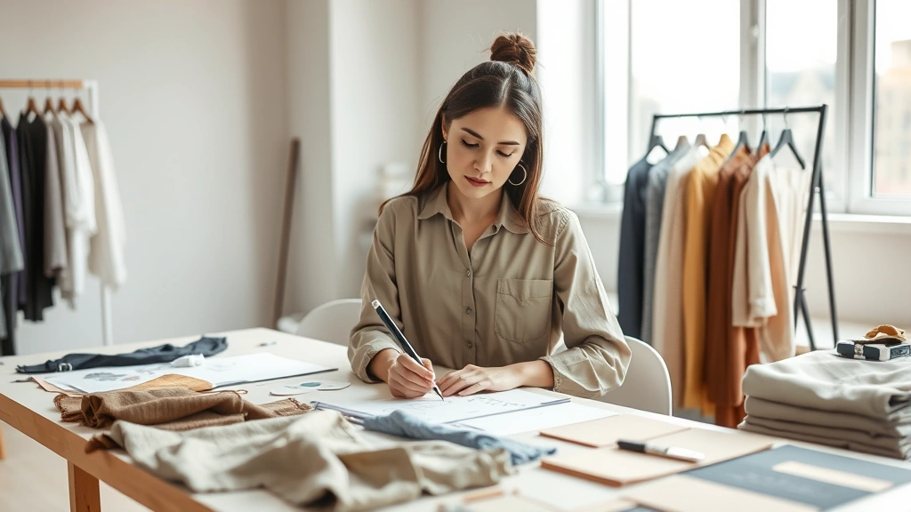 Professional fashion designer at work table with fabric swatches, sketching designs, natural studio lighting, modern minimalist workspace, wearing neutral tones, focused expression, high-end design atelier aesthetic