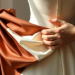 Close-up of designer hands carefully draping luxurious fabric on dress form, natural studio lighting, showing textile detail and garment construction precision