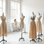 Minimalist fashion atelier with dress forms wearing partially constructed garments, natural fabric swatches, design sketches on white walls, soft natural lighting from large windows, contemporary workspace aesthetic, no people visible