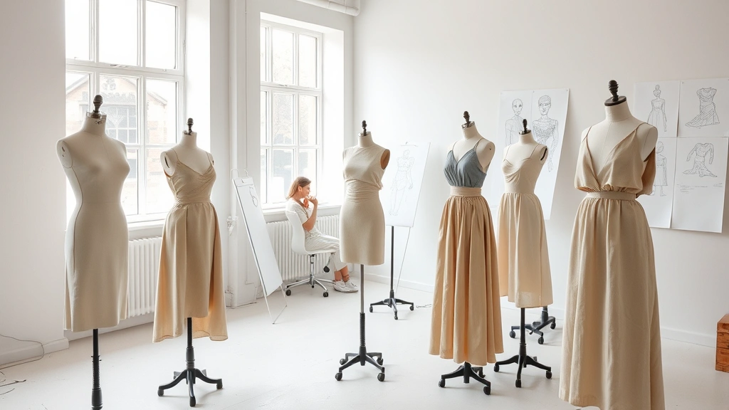 Minimalist fashion atelier with dress forms wearing partially constructed garments, natural fabric swatches, design sketches on white walls, soft natural lighting from large windows, contemporary workspace aesthetic, no people visible