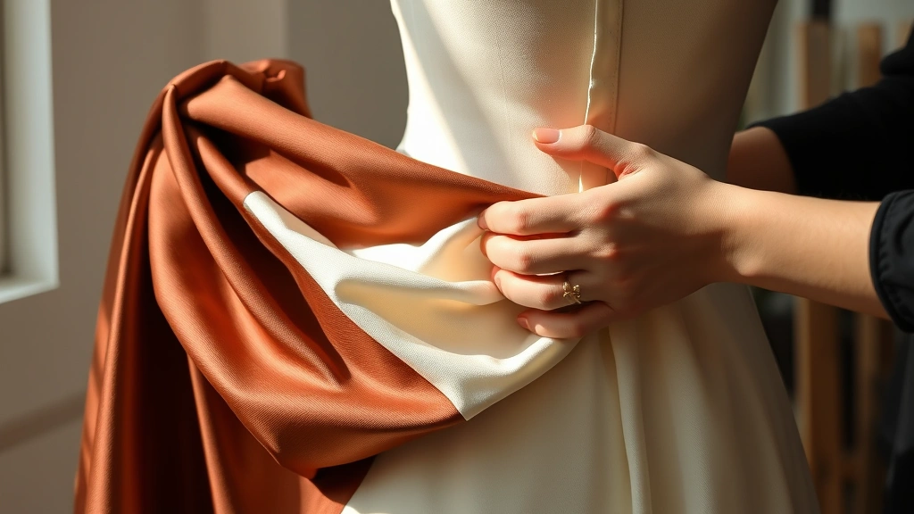 Close-up of designer hands carefully draping luxurious fabric on dress form, natural studio lighting, showing textile detail and garment construction precision