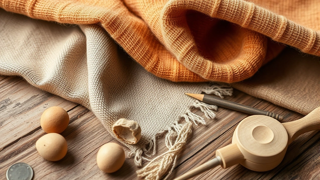 Close-up of sustainable fabric textures - organic cotton, linen, recycled materials in earth tones and jewel colors, arranged artfully on wooden surfaces with design tools, natural daylight, tactile detail focus, professional product photography