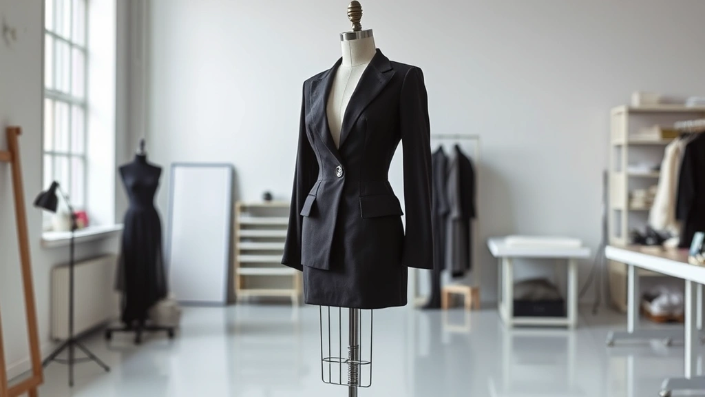 Finished haute couture garment on sleek dress form in modern atelier space, showcasing tailored silhouette and sophisticated fabric combinations, minimalist background