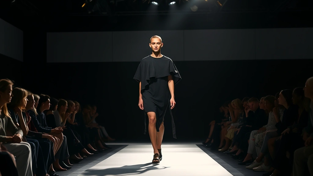 Fashion designer presenting collection on runway stage, dramatic lighting, audience silhouettes, model wearing architectural sustainable garment with clean lines and unexpected textural elements, sophisticated contemporary fashion show setting, no visible faces or identifying features