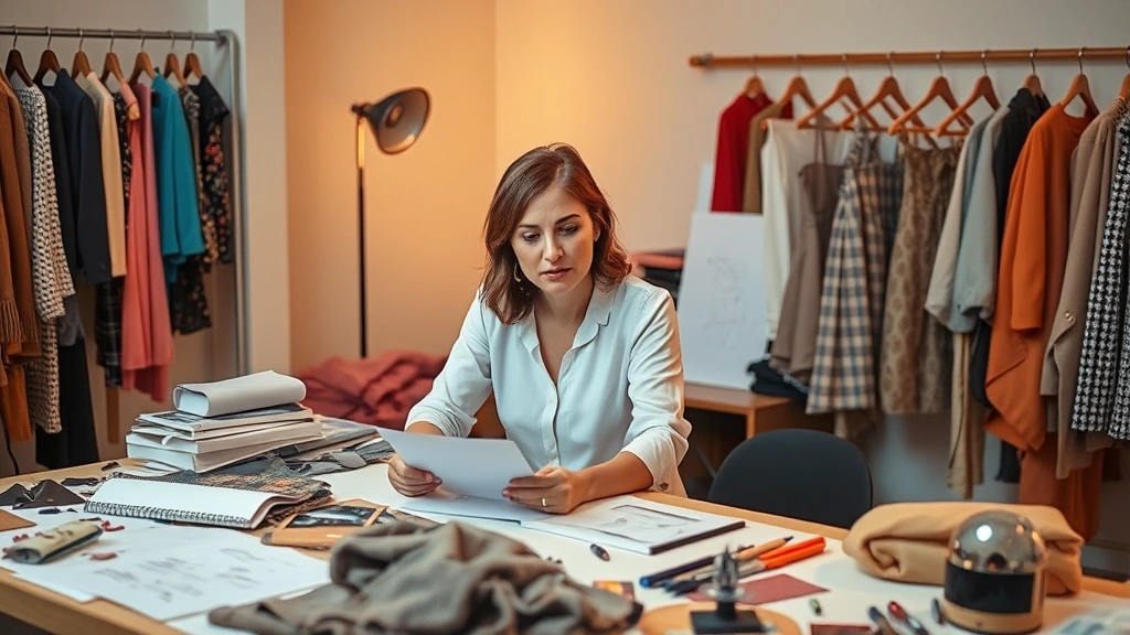 Fashion designer at work table surrounded by fabric swatches, sketches, and design tools, concentrated expression, warm studio lighting highlighting creative process and materials