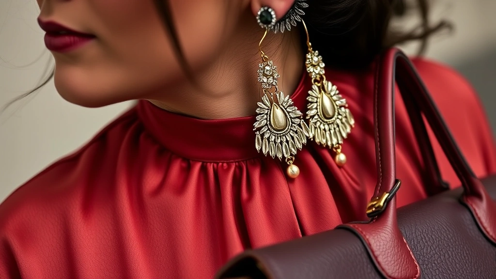 Close-up of carefully curated date night outfit details: silk blouse texture, statement earring, quality handbag, and polished styling elements arranged artistically