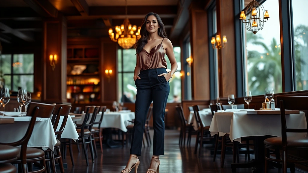 Woman wearing tailored navy trousers and silky camisole with strappy heels, posed naturally in upscale restaurant ambiance, radiating confident romance