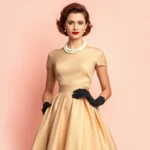 Vintage 1950s elegant woman wearing full-skirted dress with cinched waist, pearls, and gloves, standing in sophisticated pose against soft pastel background, professional fashion photography, high-fashion styling
