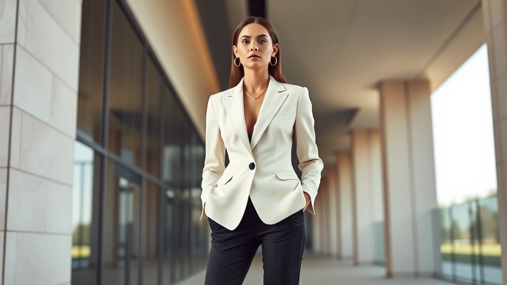 Elegant woman in tailored cream blazer and fitted dark trousers, standing confidently near modern architecture, natural daylight, minimalist styling, sophisticated neutral palette, professional fashion photography