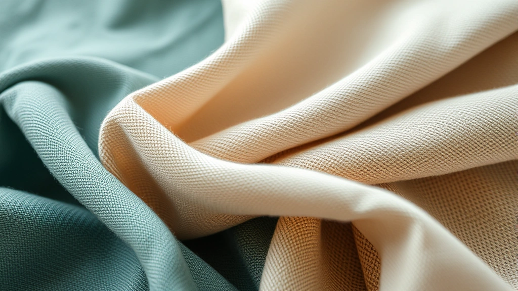 Close-up detail of quality fabric textures including silk, wool, and linen swatches draped artfully, showing weave patterns and material richness, natural lighting emphasizing fabric quality and craftsmanship
