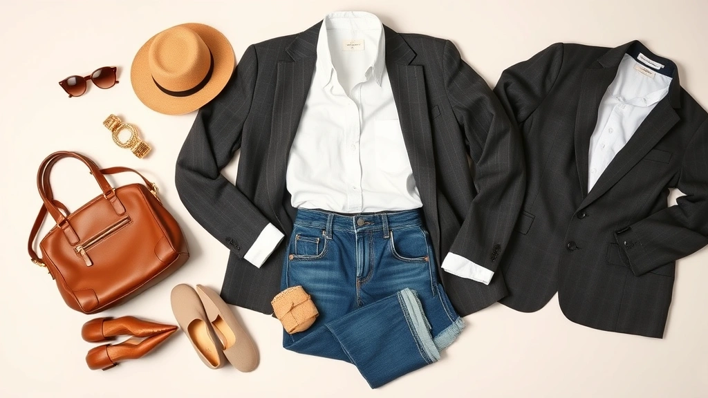 Styled flat lay of fashionable wardrobe essentials: white button-down shirt, tailored blazer, quality denim, neutral accessories, and leather bag arranged on neutral background, overhead view, editorial fashion styling
