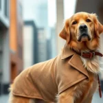Elegant golden retriever wearing tailored camel-colored wool coat with leather collar, standing in sophisticated urban setting with modern architecture background, natural lighting, professional pet fashion photography style