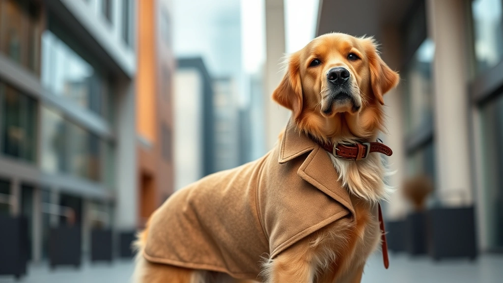 Elegant golden retriever wearing tailored camel-colored wool coat with leather collar, standing in sophisticated urban setting with modern architecture background, natural lighting, professional pet fashion photography style