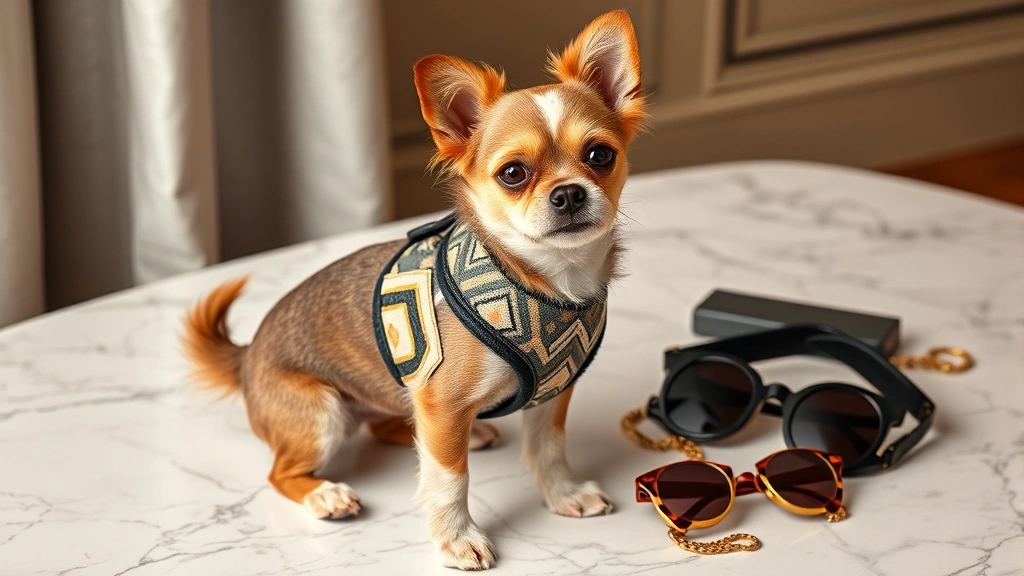 Fashionable small dog wearing designer harness with geometric patterns and premium materials, posed on marble surface with luxury accessories nearby, soft studio lighting highlighting fabric textures and details