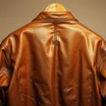 Vintage leather work jacket displayed on weathered wooden hanger, warm studio lighting, neutral background, showing natural patina and wear patterns, photorealistic, high quality