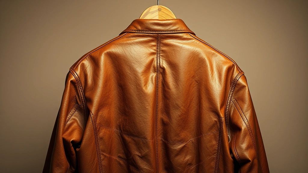 Vintage leather work jacket displayed on weathered wooden hanger, warm studio lighting, neutral background, showing natural patina and wear patterns, photorealistic, high quality