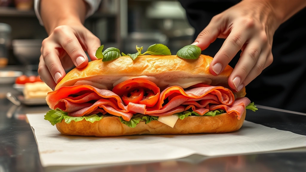 Artisanal submarine sandwich being carefully assembled with fresh Italian meats, crisp vegetables, and melted cheese on crusty bread, hands of skilled sandwich maker visible, professional deli setting with stainless steel counters