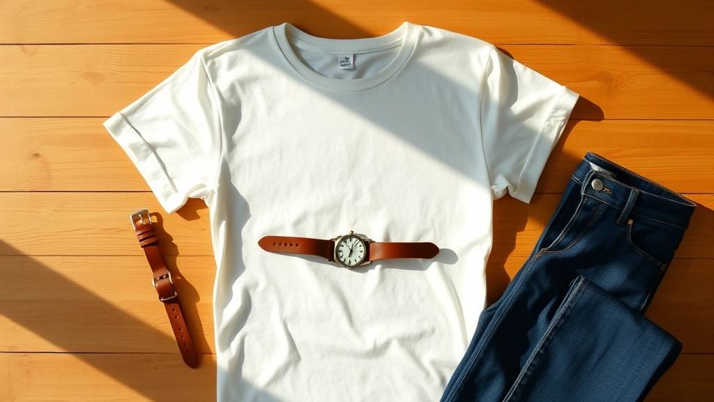 Flat lay of classic wardrobe basics: cream cotton t-shirt, indigo denim, brown leather belt, simple watch, arranged on warm wooden surface with natural shadows