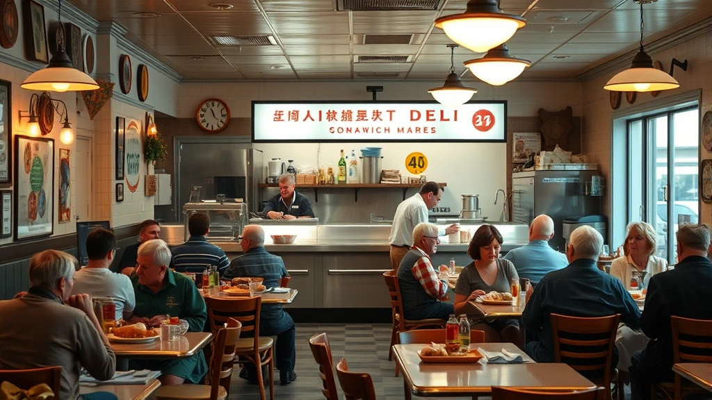 Interior of classic neighborhood deli restaurant with vintage décor, warm lighting, customers enjoying meals at tables, open kitchen visible in background where sandwich artists work, welcoming community atmosphere