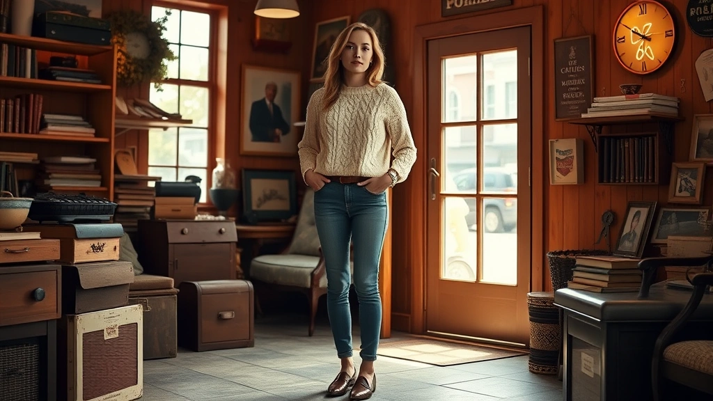 Woman wearing vintage-inspired outfit: cream cable knit sweater, classic denim, leather loafers, standing in warm-toned vintage shop interior, natural window lighting, authentic nostalgic atmosphere