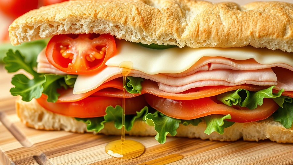 Close-up of perfectly prepared submarine sandwich cross-section showing layers of quality ingredients including fresh tomatoes, leafy greens, premium deli meats, creamy cheeses, dressed with oil and vinegar, on wooden cutting board
